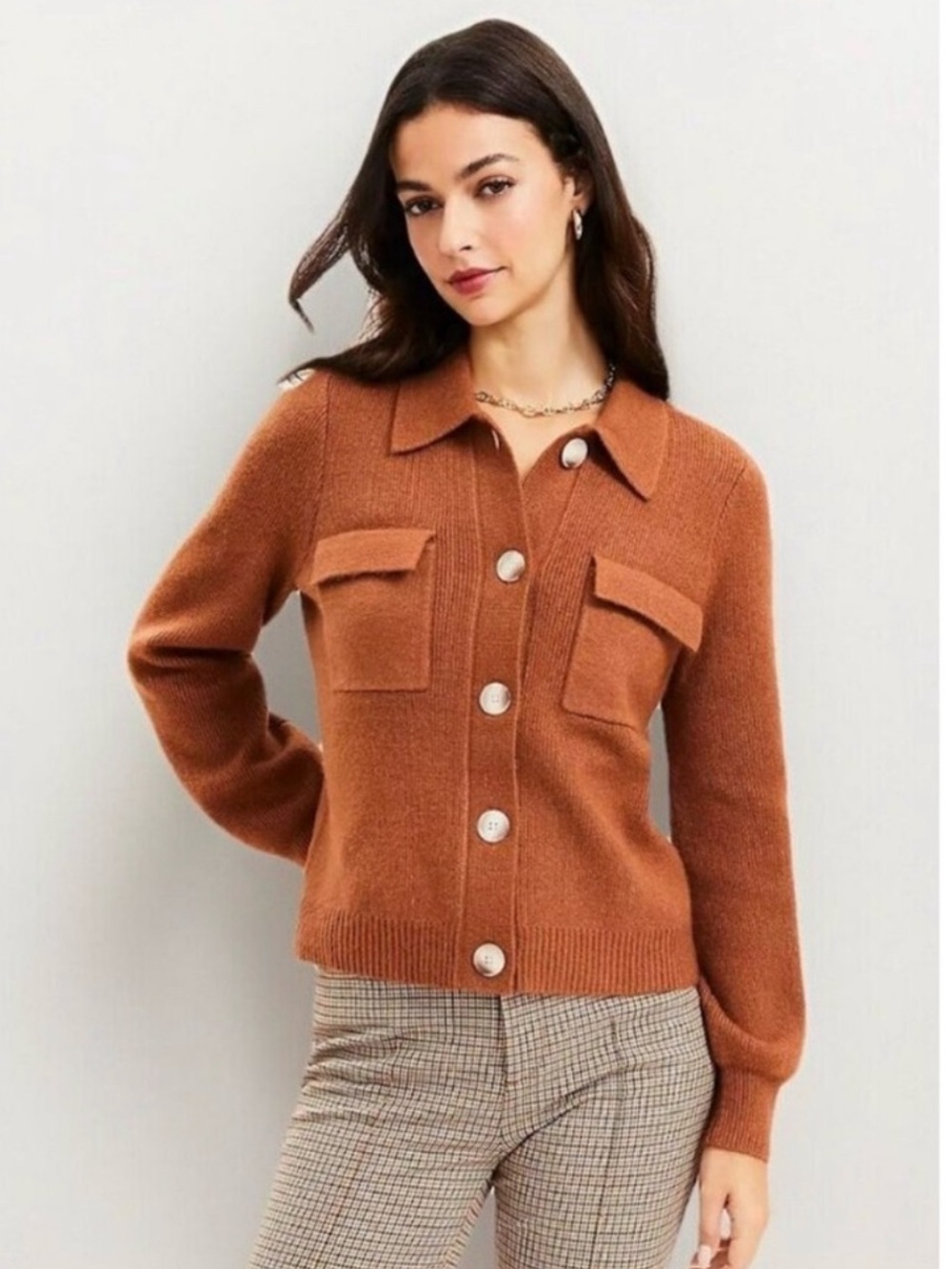 LOFT Chunky Ribbed Knit Collared Rust Button-Front Pocket Cardigan size XL